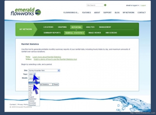 screenshot rainfall stats date range Rainfall date range selection