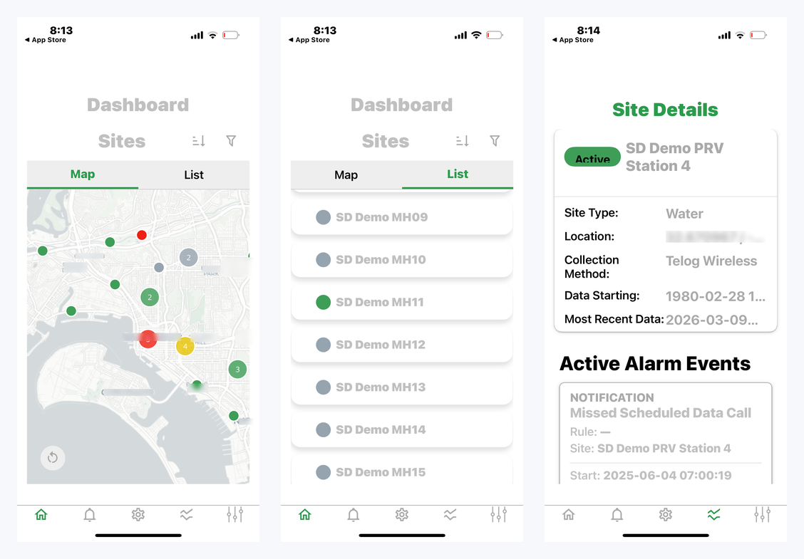 Three phone screens: the site map with colour-coded status markers, the sortable site list, and a site detail page showing type, collection method and active alarm events.