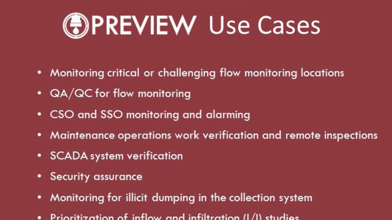A TREKK Design Group slide listing PreView use cases, including CSO and SSO monitoring, SCADA system verification and CCTV prioritization.