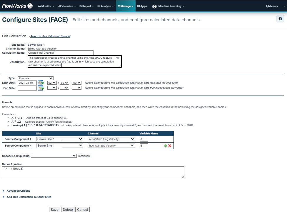 Configuring a calculated channel in FACE with a one-line formula that drops values flagged by Auto QAQC, no code involved